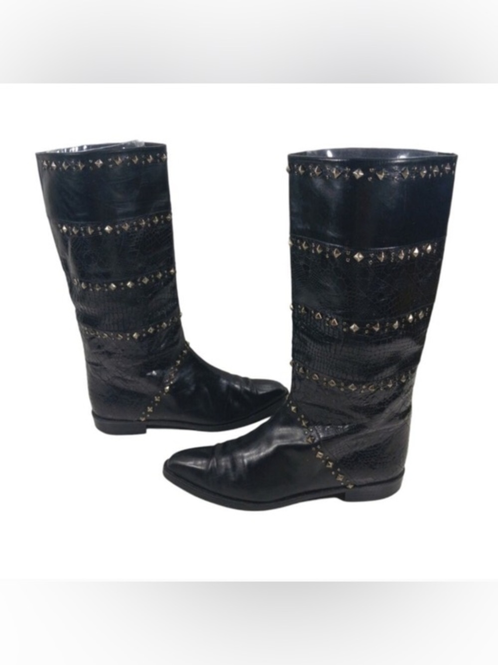 Vintage Stuart Weitzman Black Leather Snakeskin Studded Boots